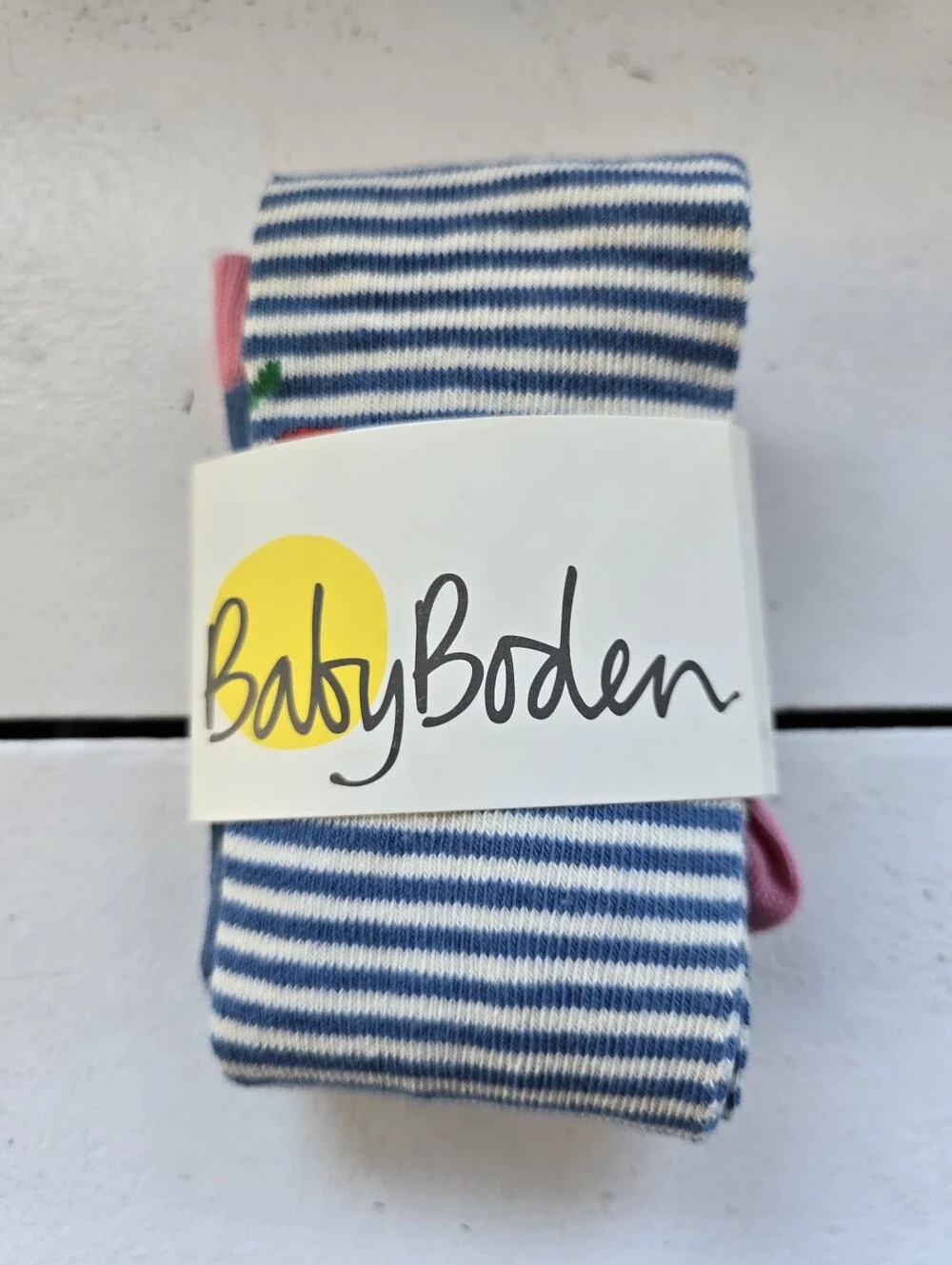 Baby Boden Blue Stripe Kids Tights with Red Apple